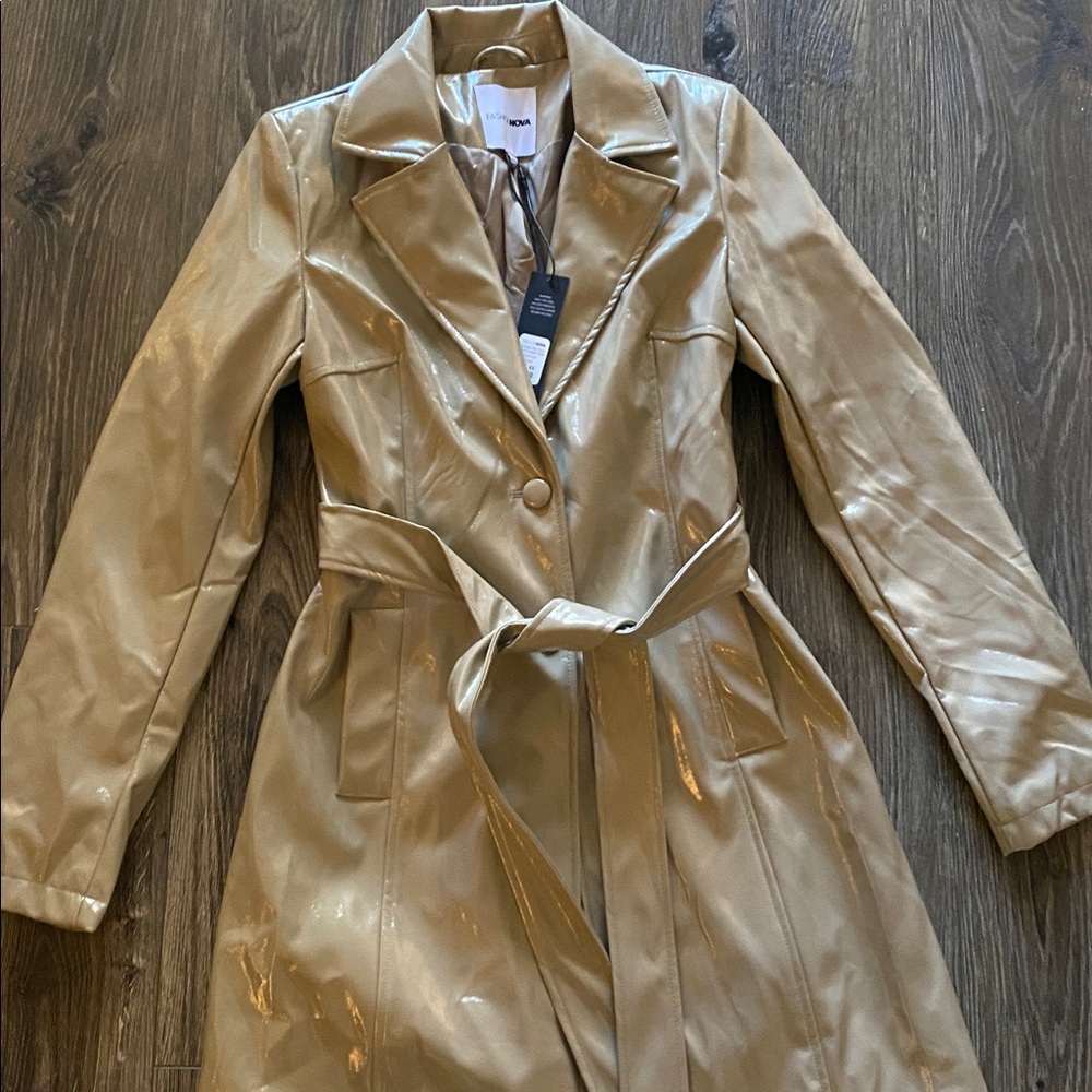 NWT Fashion Nova taupe beige Glossy Beige Leather Trench Coat long maxi xs - Picture 6 of 6